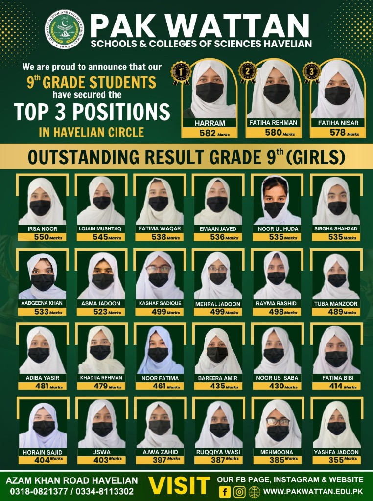 Outstanding Result Grade 9th Girls - Pak Wattan Havelian